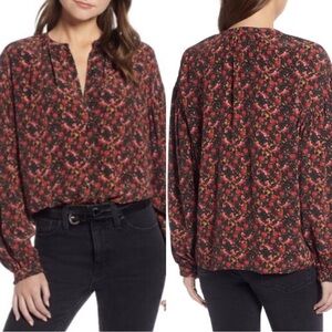 Something Navy Button Down Blaze Painterly Floral Blouse in Red